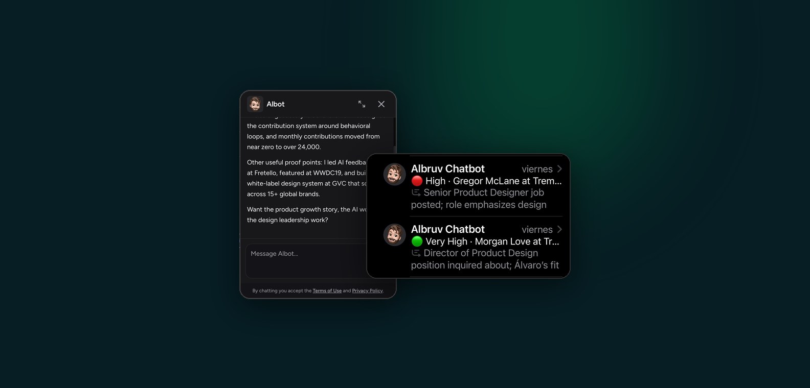 Albot answering a visitor, next to two real digest notifications.