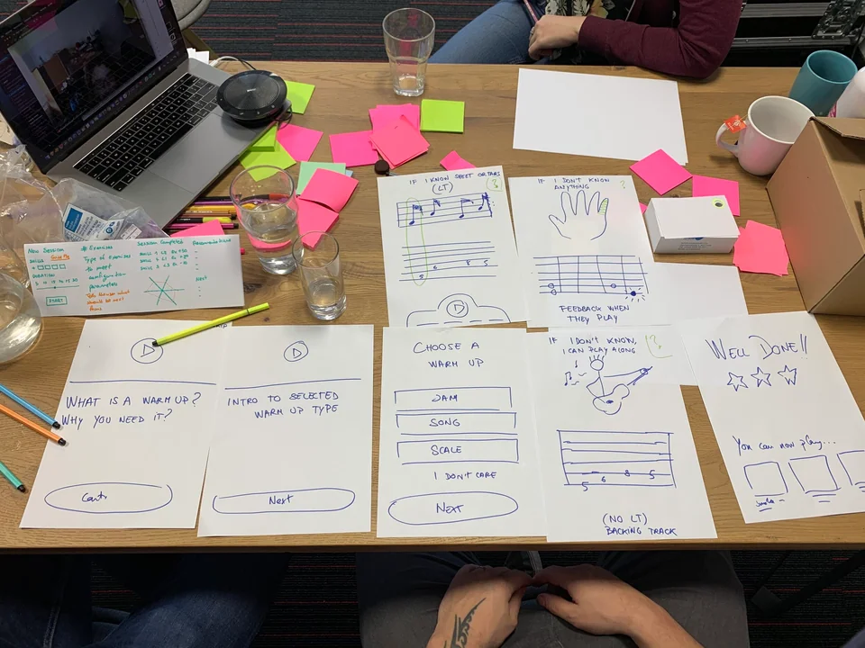 Sketches and sticky notes on the table during a Fretello workshop.